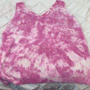 Pink knit sleeveless tank top. Tie dyed print